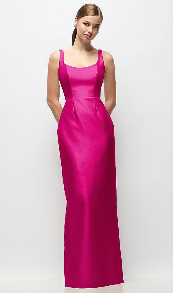 Front View - Think Pink Scoop Neck Satin Column Maxi Dress