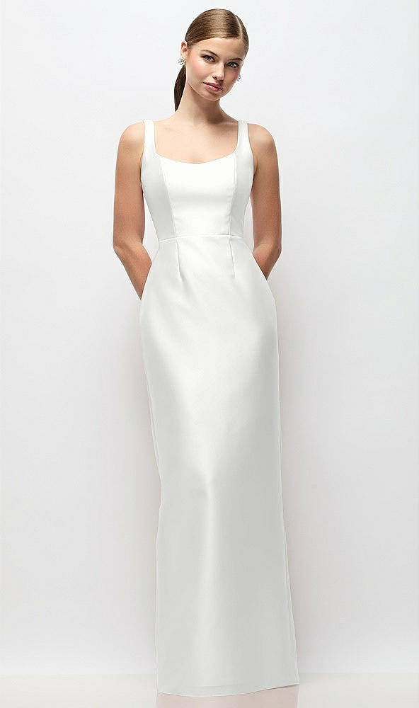 Front View - White Scoop Neck Satin Column Maxi Dress