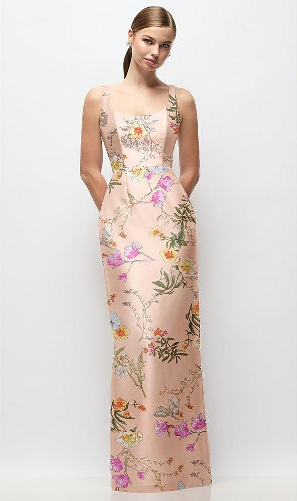 Front View - Butterfly Botanica Pink Sand Scoop Neck Floral Satin Column Maxi Dress