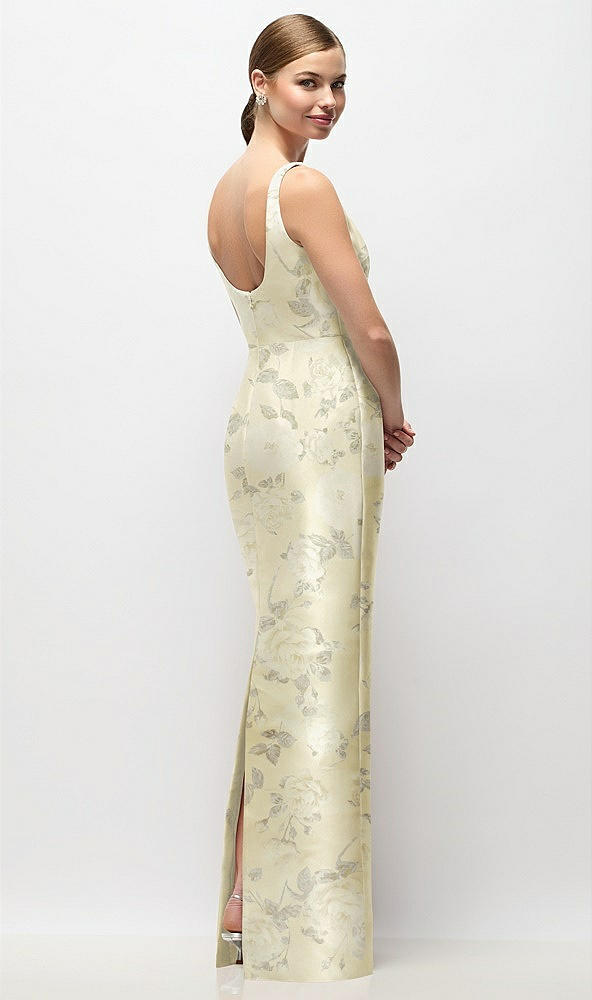 Back View - Butter Yellow Floral Scoop Neck Floral Satin Column Maxi Dress