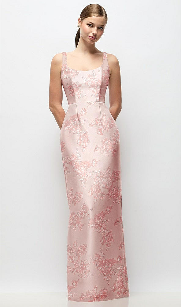 Front View - Bow And Blossom Print Scoop Neck Floral Satin Column Maxi Dress