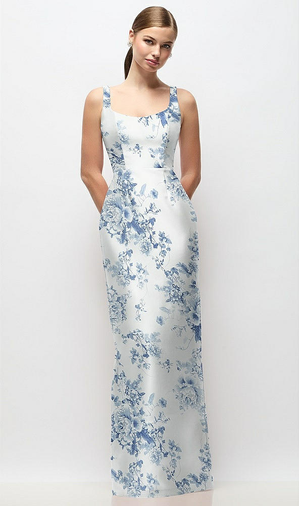 Front View - Cottage Rose Larkspur Scoop Neck Floral Satin Column Maxi Dress