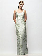 Front View Thumbnail - Sage Cottage Rose Scoop Neck Floral Satin Column Maxi Dress