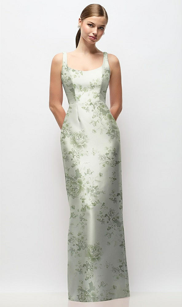Front View - Sage Cottage Rose Scoop Neck Floral Satin Column Maxi Dress
