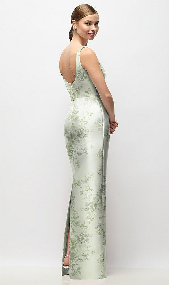 Back View - Sage Cottage Rose Scoop Neck Floral Satin Column Maxi Dress