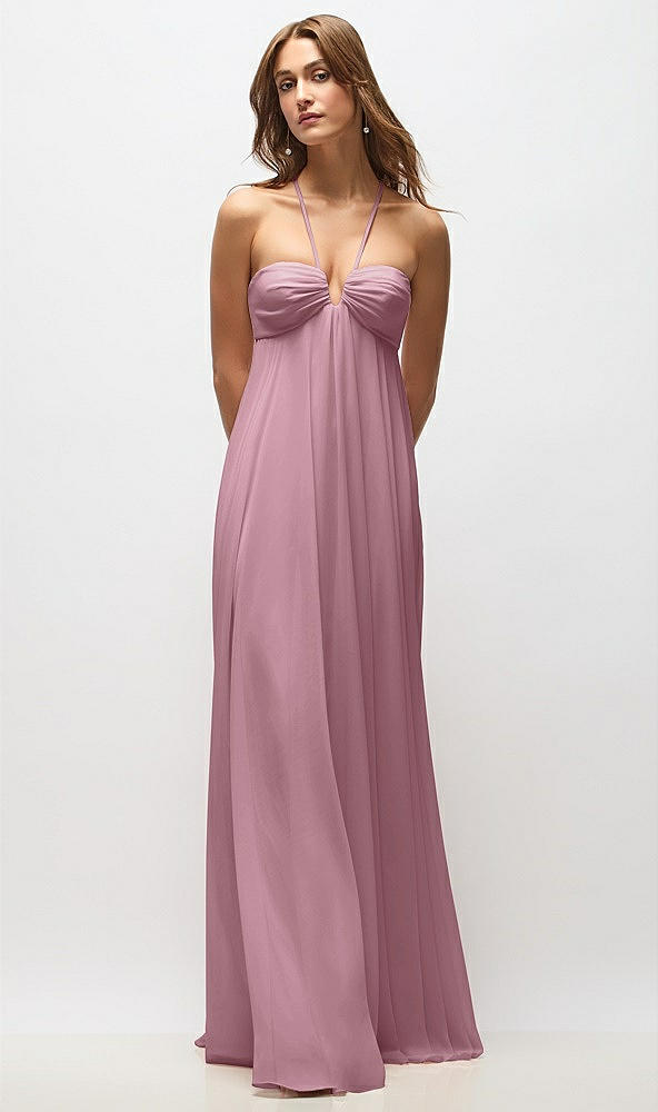 Back View - Dusty Pink Empire Waist Chiffon Halter Maxi Dress with Convertible Spaghetti Straps