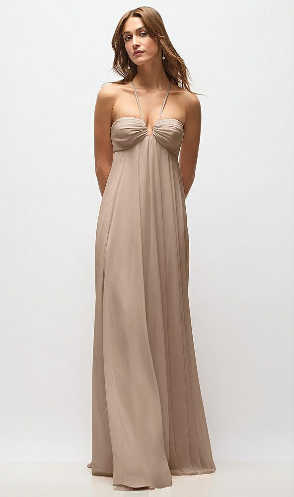 Back View - Topaz Empire Waist Chiffon Halter Maxi Dress with Convertible Spaghetti Straps