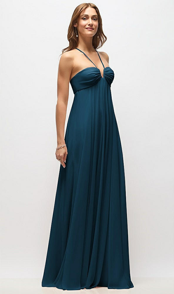 Front View - Atlantic Blue Empire Waist Chiffon Halter Maxi Dress with Convertible Spaghetti Straps