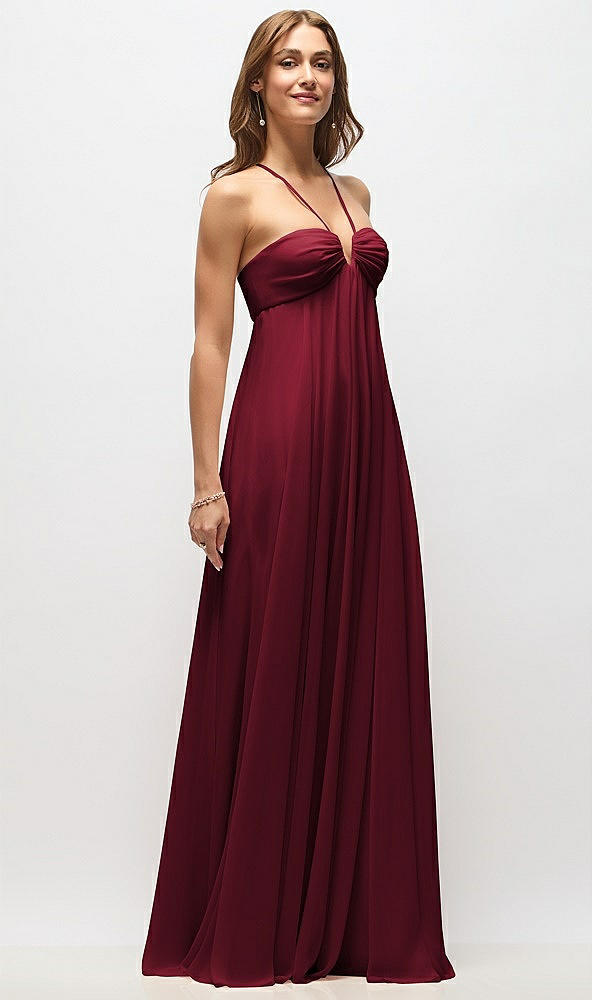 Front View - Burgundy Empire Waist Chiffon Halter Maxi Dress with Convertible Spaghetti Straps