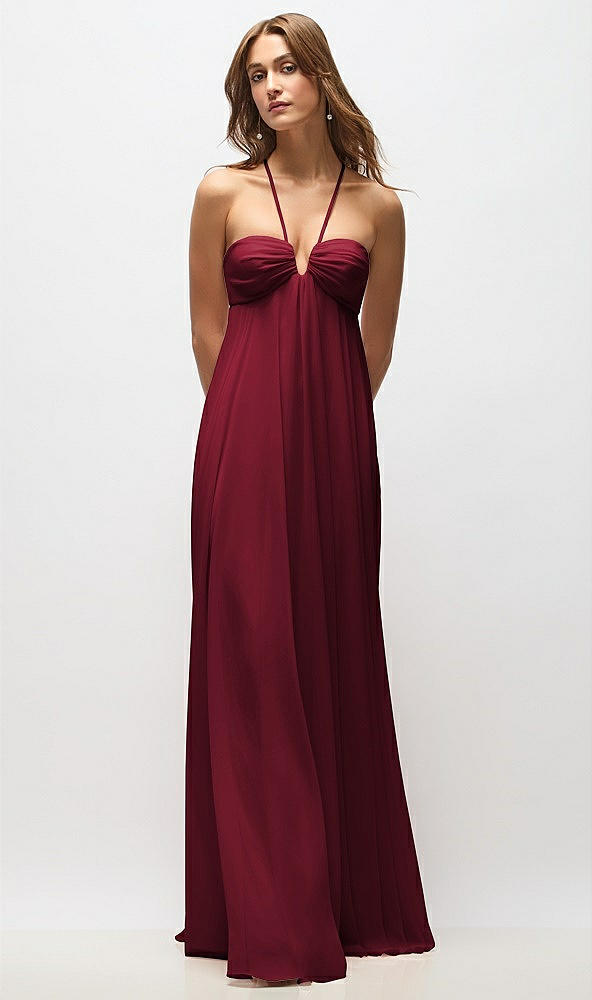 Back View - Burgundy Empire Waist Chiffon Halter Maxi Dress with Convertible Spaghetti Straps