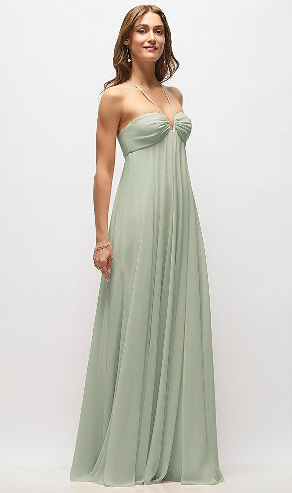 Front View - Celadon Empire Waist Chiffon Halter Maxi Dress with Convertible Spaghetti Straps