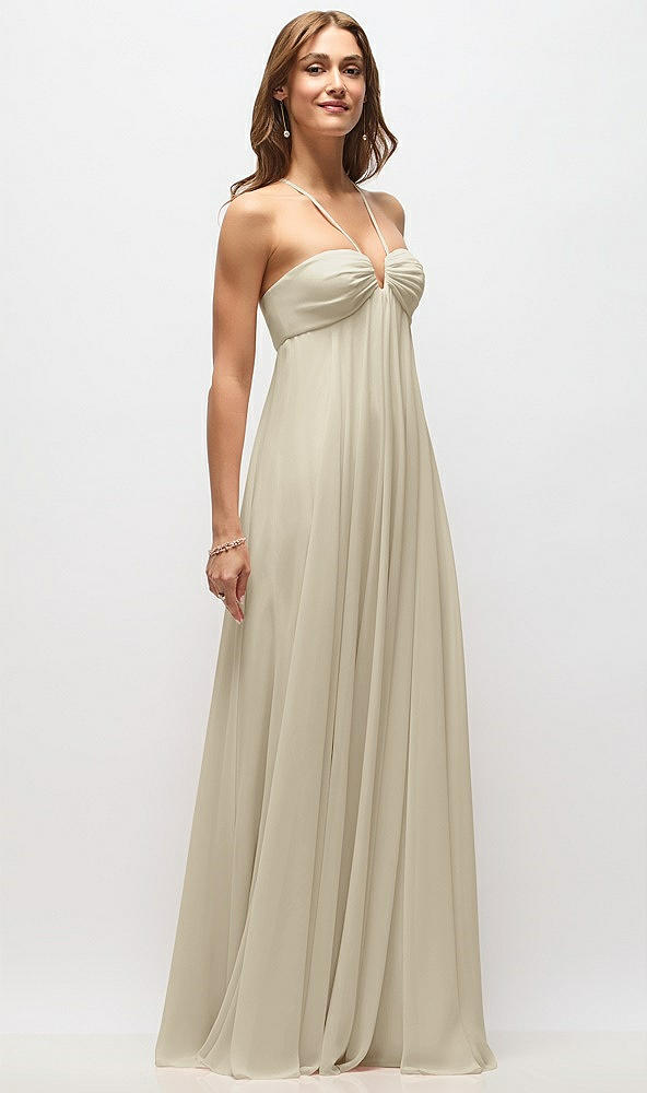 Front View - Champagne Empire Waist Chiffon Halter Maxi Dress with Convertible Spaghetti Straps