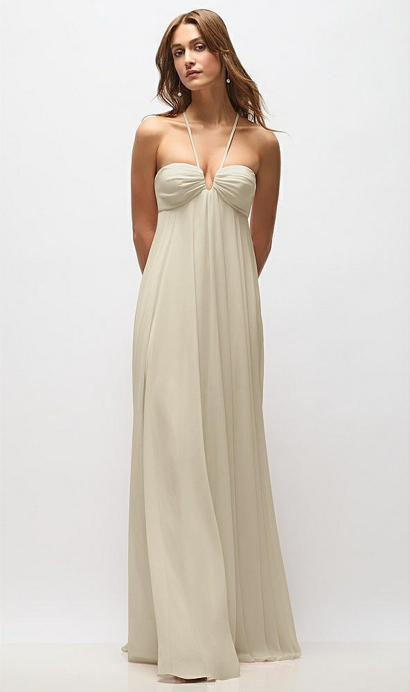 Back View - Champagne Empire Waist Chiffon Halter Maxi Dress with Convertible Spaghetti Straps