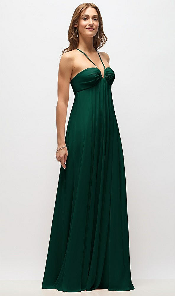 Front View - Hunter Green Empire Waist Chiffon Halter Maxi Dress with Convertible Spaghetti Straps