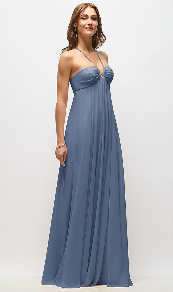 Front View - Larkspur Blue Empire Waist Chiffon Halter Maxi Dress with Convertible Spaghetti Straps