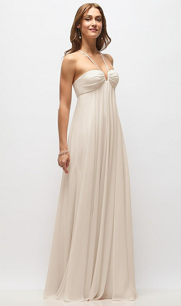 Front View - Oat Empire Waist Chiffon Halter Maxi Dress with Convertible Spaghetti Straps