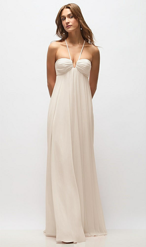 Back View - Oat Empire Waist Chiffon Halter Maxi Dress with Convertible Spaghetti Straps
