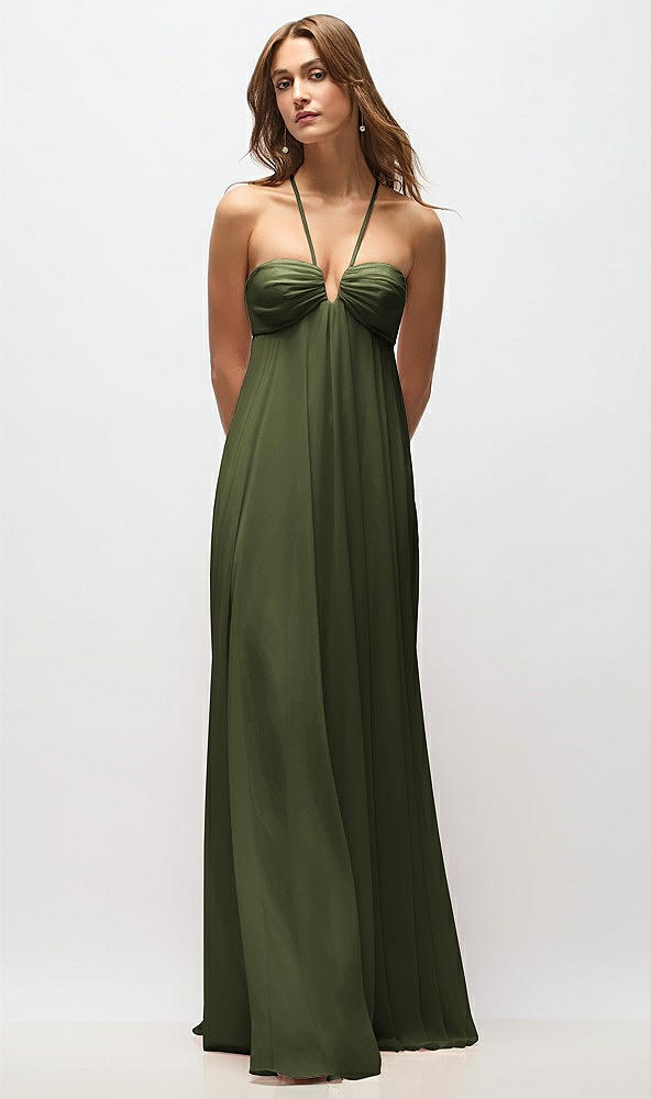 Back View - Olive Green Empire Waist Chiffon Halter Maxi Dress with Convertible Spaghetti Straps