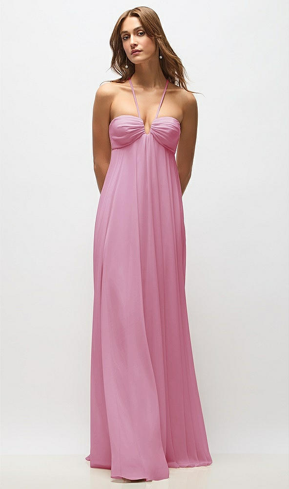 Back View - Powder Pink Empire Waist Chiffon Halter Maxi Dress with Convertible Spaghetti Straps