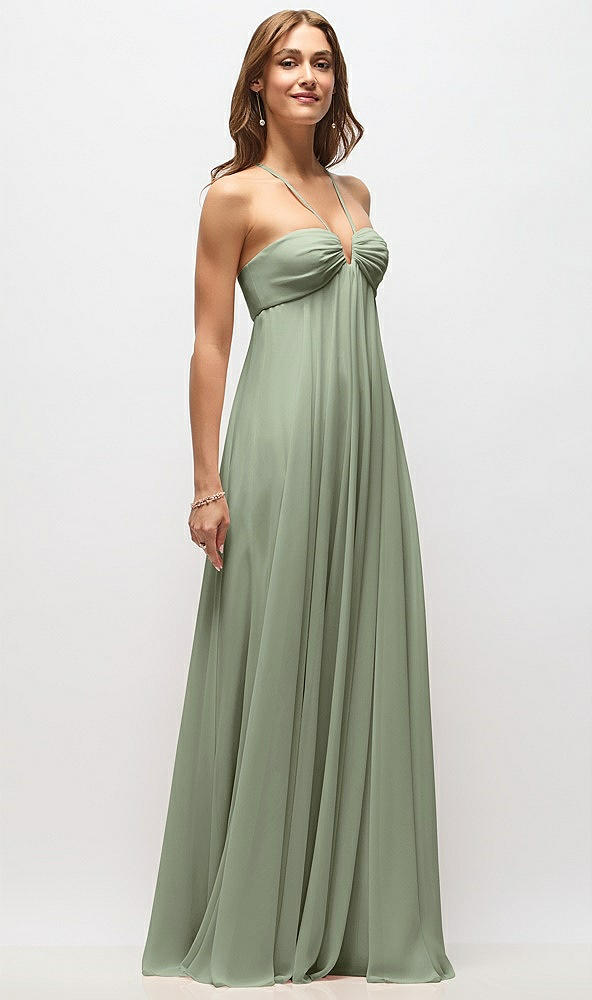 Front View - Sage Empire Waist Chiffon Halter Maxi Dress with Convertible Spaghetti Straps
