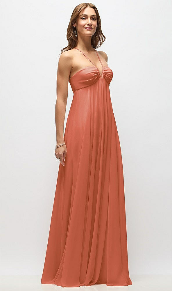 Front View - Terracotta Copper Empire Waist Chiffon Halter Maxi Dress with Convertible Spaghetti Straps
