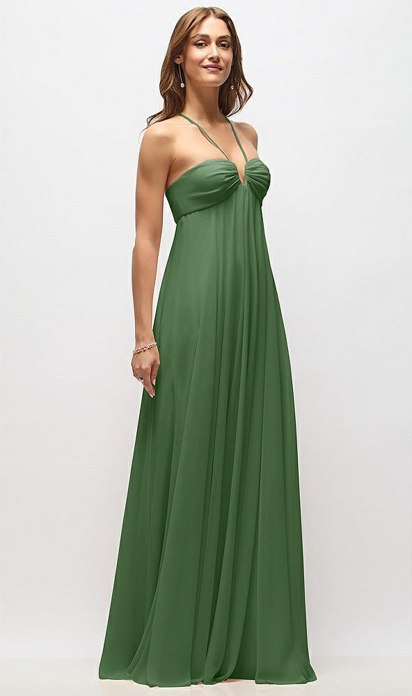 Front View - Vineyard Green Empire Waist Chiffon Halter Maxi Dress with Convertible Spaghetti Straps