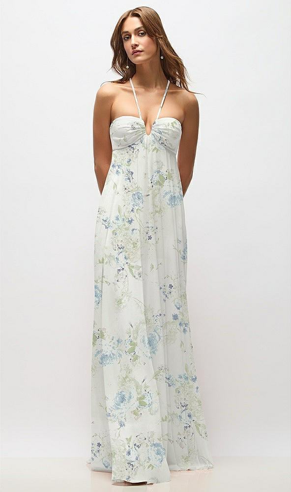 Front View - Bleu Garden Empire Waist Floral Chiffon Halter Maxi Dress with Convertible Spaghetti Straps