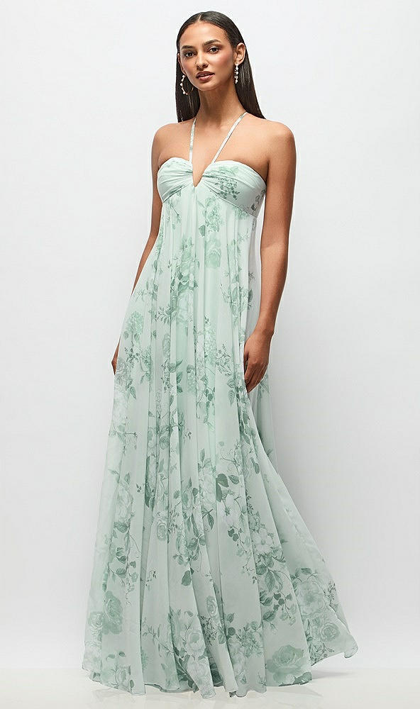 Front View - Mint Green Floral Empire Waist Floral Chiffon Halter Maxi Dress with Convertible Spaghetti Straps