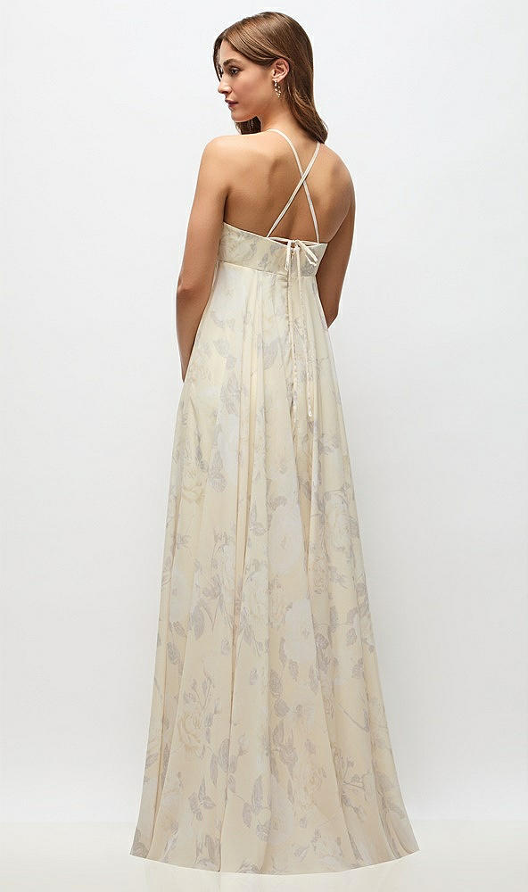 Back View - Butter Yellow Floral Empire Waist Floral Chiffon Halter Maxi Dress with Convertible Spaghetti Straps
