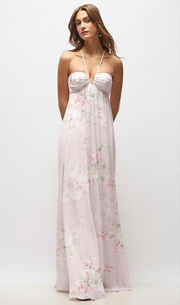 Front View - Watercolor Print Empire Waist Floral Chiffon Halter Maxi Dress with Convertible Spaghetti Straps