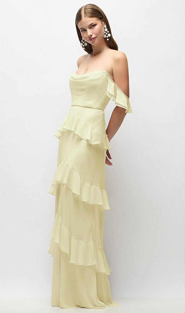 Front View - Butter Yellow Off-the-Shoulder Cowl Chiffon Tiered Ruffle Maxi Dress with Convertible Ruffle Straps