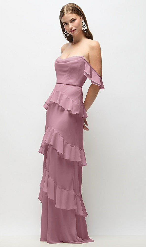 Front View - Dusty Pink Off-the-Shoulder Cowl Chiffon Tiered Ruffle Maxi Dress with Convertible Ruffle Straps