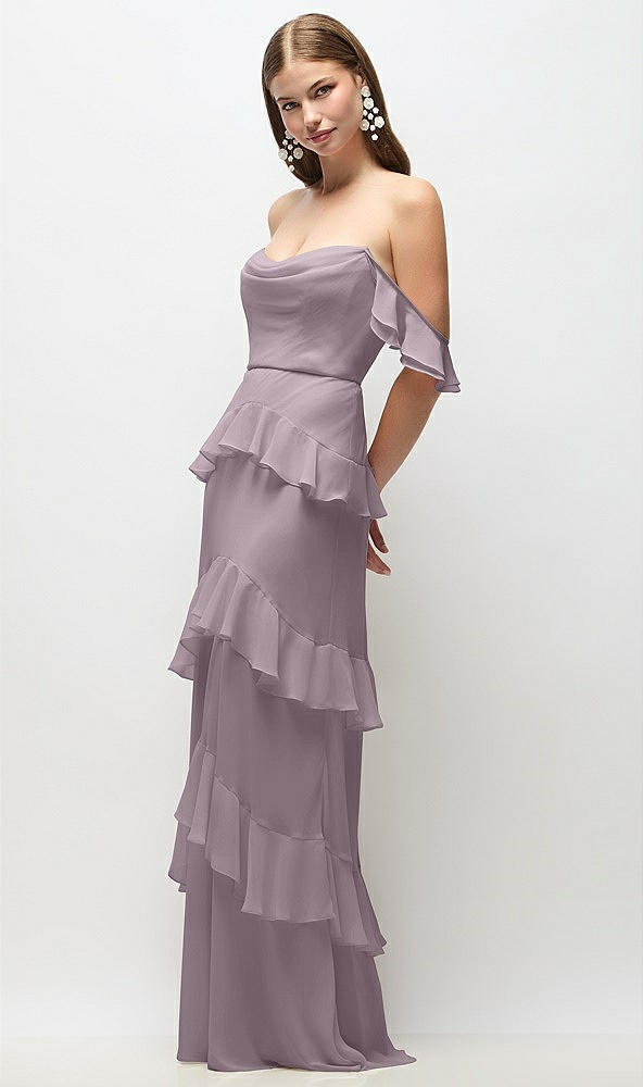 Front View - Lilac Dusk Off-the-Shoulder Cowl Chiffon Tiered Ruffle Maxi Dress with Convertible Ruffle Straps