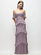Rear View Thumbnail - Lilac Dusk Off-the-Shoulder Cowl Chiffon Tiered Ruffle Maxi Dress with Convertible Ruffle Straps
