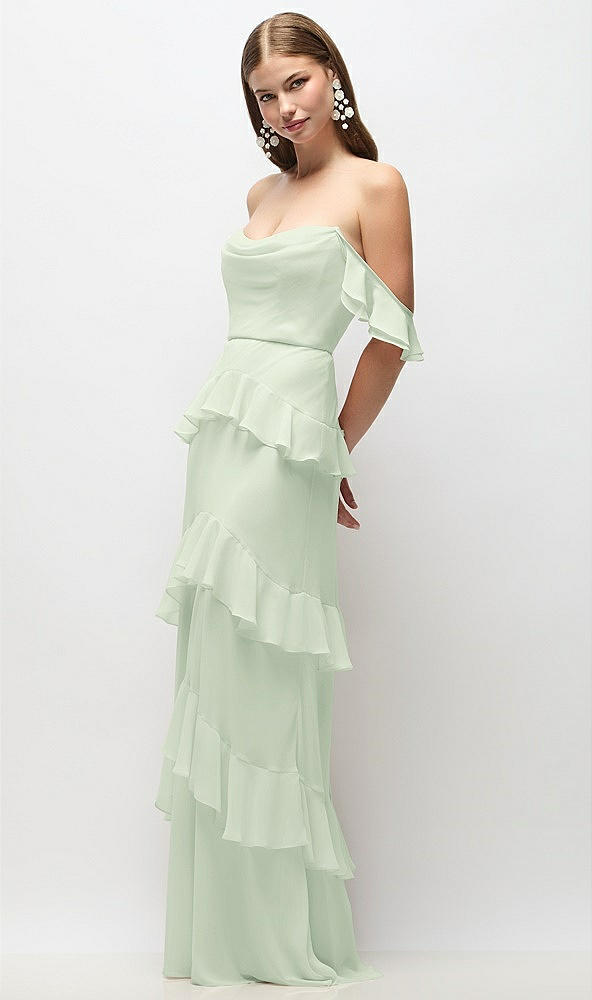 Front View - Mint Green Off-the-Shoulder Cowl Chiffon Tiered Ruffle Maxi Dress with Convertible Ruffle Straps
