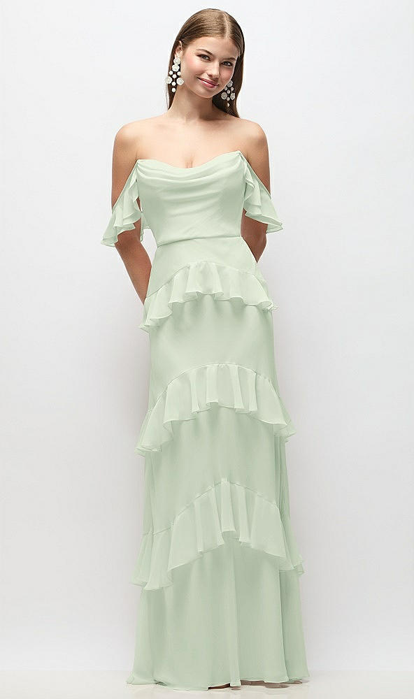 Back View - Mint Green Off-the-Shoulder Cowl Chiffon Tiered Ruffle Maxi Dress with Convertible Ruffle Straps
