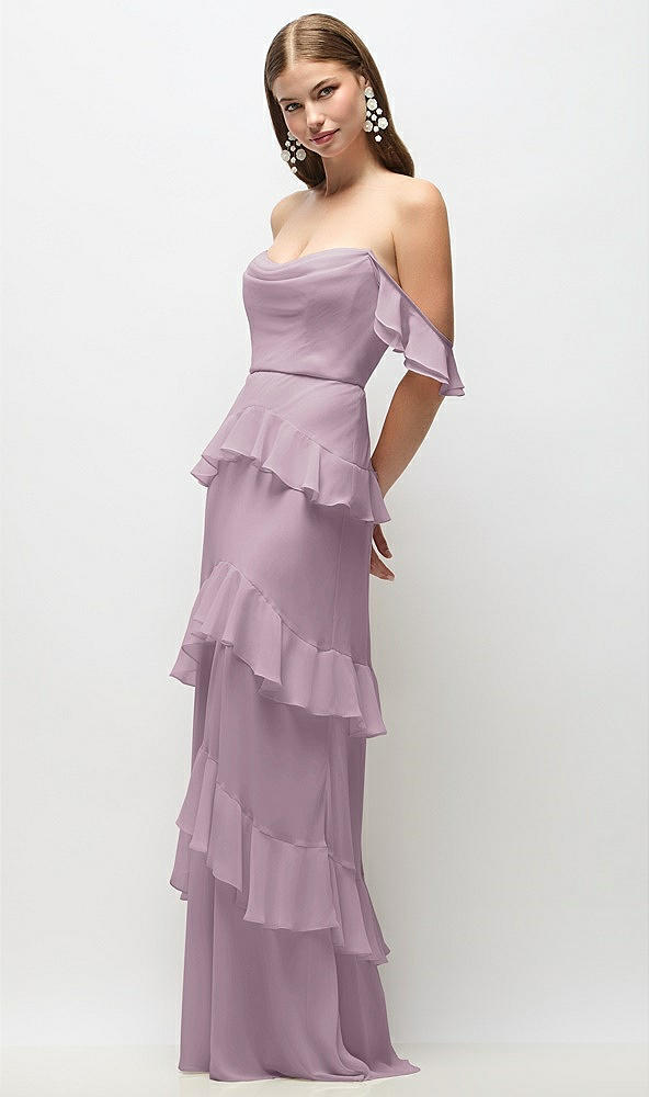 Front View - Suede Rose Off-the-Shoulder Cowl Chiffon Tiered Ruffle Maxi Dress with Convertible Ruffle Straps