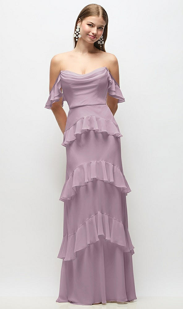 Back View - Suede Rose Off-the-Shoulder Cowl Chiffon Tiered Ruffle Maxi Dress with Convertible Ruffle Straps