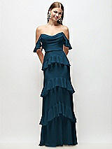 Rear View Thumbnail - Atlantic Blue Off-the-Shoulder Cowl Chiffon Tiered Ruffle Maxi Dress with Convertible Ruffle Straps