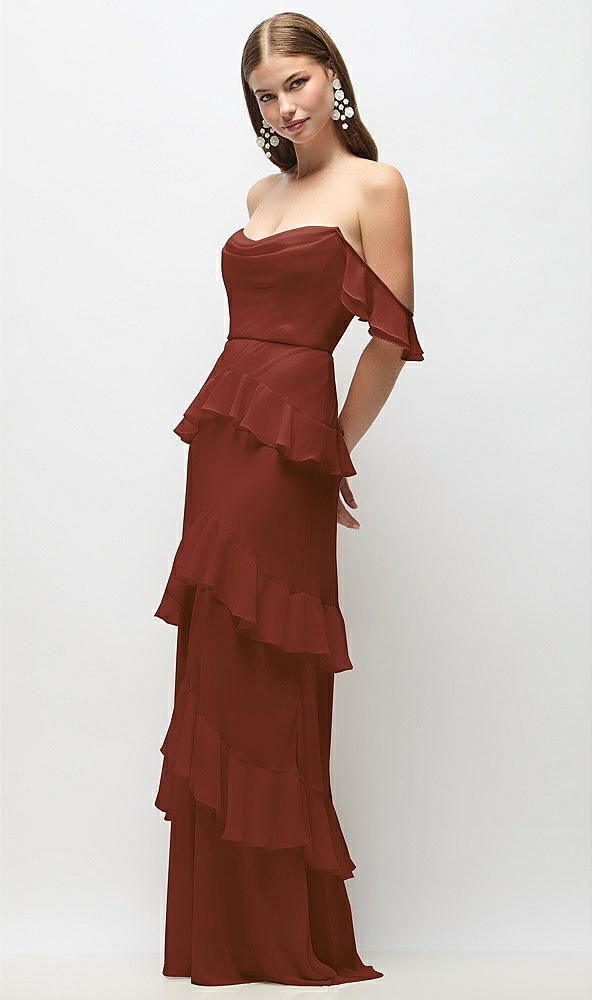 Front View - Auburn Moon Off-the-Shoulder Cowl Chiffon Tiered Ruffle Maxi Dress with Convertible Ruffle Straps