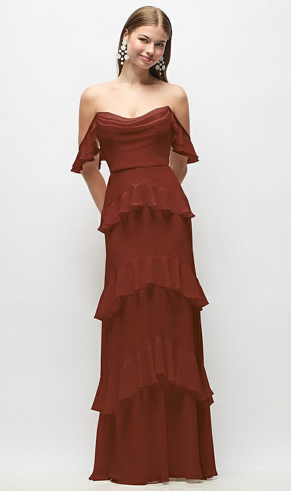 Back View - Auburn Moon Off-the-Shoulder Cowl Chiffon Tiered Ruffle Maxi Dress with Convertible Ruffle Straps