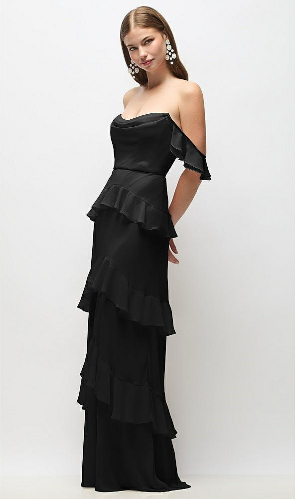 Front View - Black Off-the-Shoulder Cowl Chiffon Tiered Ruffle Maxi Dress with Convertible Ruffle Straps