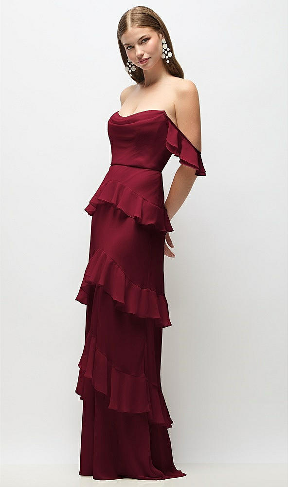Front View - Burgundy Off-the-Shoulder Cowl Chiffon Tiered Ruffle Maxi Dress with Convertible Ruffle Straps