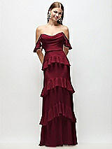 Rear View Thumbnail - Burgundy Off-the-Shoulder Cowl Chiffon Tiered Ruffle Maxi Dress with Convertible Ruffle Straps