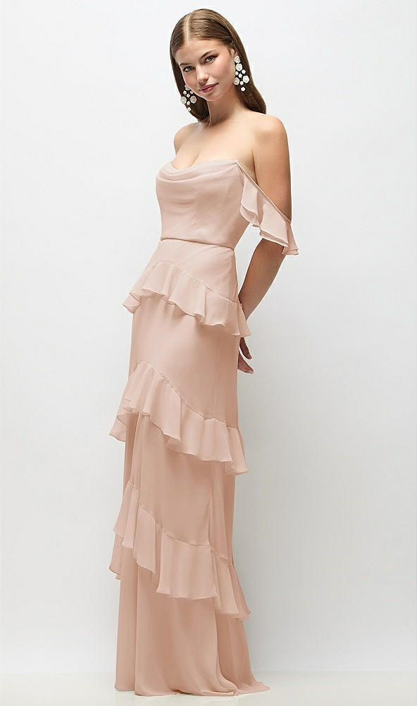 Front View - Cameo Off-the-Shoulder Cowl Chiffon Tiered Ruffle Maxi Dress with Convertible Ruffle Straps
