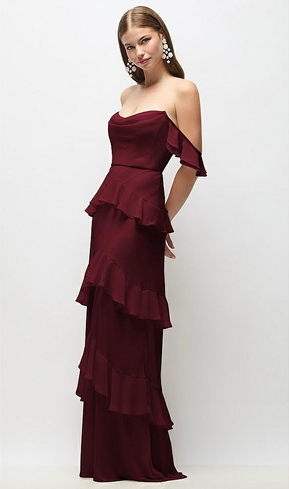 Front View - Cabernet Off-the-Shoulder Cowl Chiffon Tiered Ruffle Maxi Dress with Convertible Ruffle Straps
