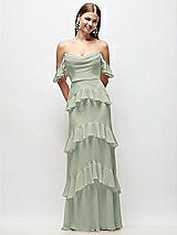 Rear View Thumbnail - Celadon Off-the-Shoulder Cowl Chiffon Tiered Ruffle Maxi Dress with Convertible Ruffle Straps