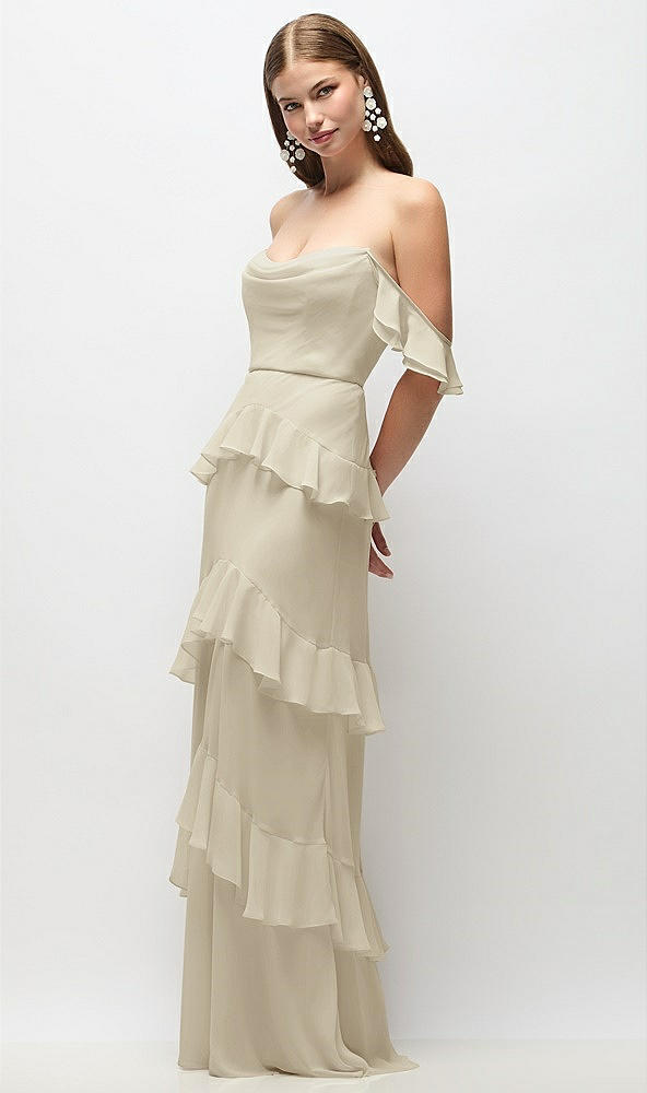 Front View - Champagne Off-the-Shoulder Cowl Chiffon Tiered Ruffle Maxi Dress with Convertible Ruffle Straps