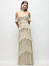 Rear View Thumbnail - Champagne Off-the-Shoulder Cowl Chiffon Tiered Ruffle Maxi Dress with Convertible Ruffle Straps