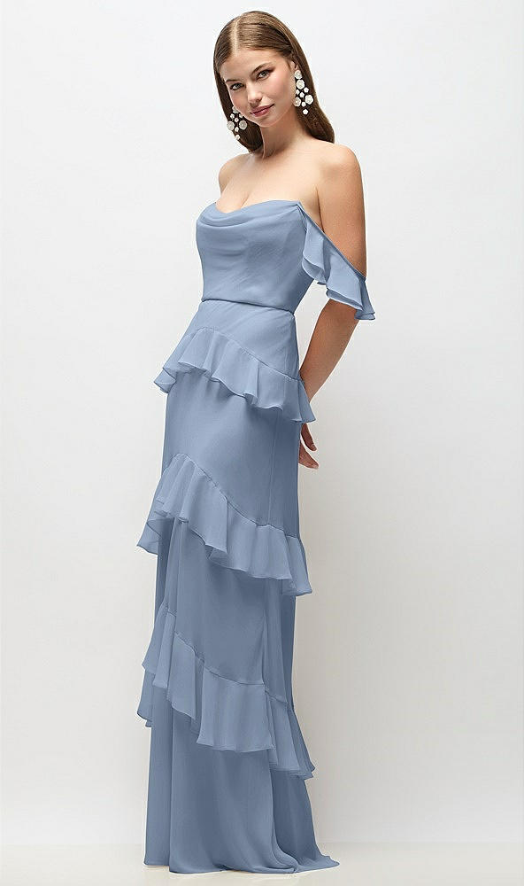 Front View - Cloudy Off-the-Shoulder Cowl Chiffon Tiered Ruffle Maxi Dress with Convertible Ruffle Straps